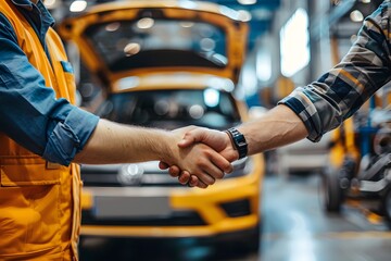 Two males shaking hands near a yellow car