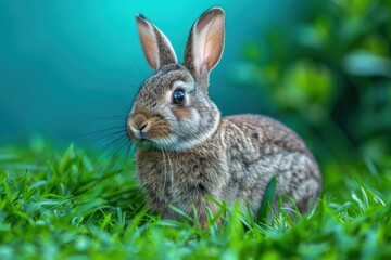 Fototapeta premium A grey bunny sits calmly in lush, green grass with a vibrant background. The bunny looks alert and content, enjoying its natural surroundings in a bright, outdoor setting.