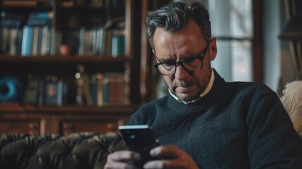 A Mid-Adult Man Checking Financial Information On A Smartphone, His Expression Serious And Attentive