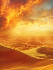 A breathtaking desert scene with golden sand dunes bathed in the warm glow of a setting sun. The sky is ablaze with fiery hues, creating a captivating and adventurous atmosphere. Generative AI