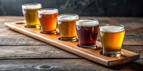 Beer flight with small glasses arranged on a paddle, beer, flight, tasting, paddle, alcohol, craft, brewery, assortment