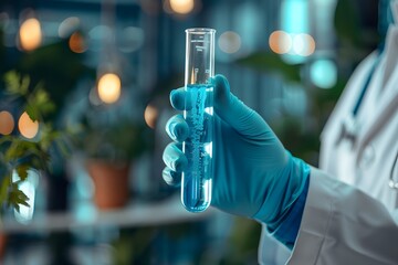 Person in lab coat holding glass