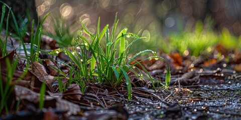 Obraz premium Grass in a home garden sprouting following winter rains