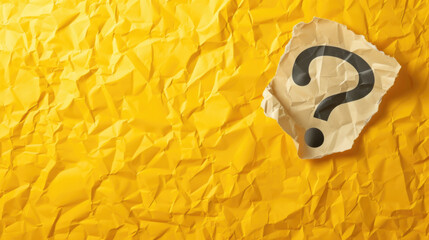 Torn Beige Paper with Black Question Mark, Sign or Symbol on Crumpled Yellow Texture Background -  Empty Copy Space for Text. Q & A, Faq, Mystery, Interrogation Abstract Concept, Theme Design Backdrop