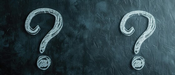 Hand-Drawn White Chalk Question Marks on Blackboard Dark Texture Banner Background with Empty Copy Space for Text. School Drawing of Questions Signs, Symbols on Board Chalk. FAQ Concept Theme Backdrop