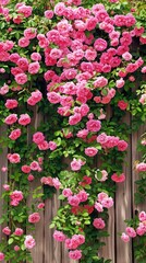 A pink rose bush in full bloom grows along a wooden fence in a residential backyard