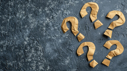Crumpled Beige Paper Question Marks, Signs or Symbols on Textured Rough, Dark Grey Background with Empty Copy Space for Text. Q & A, Faq, Mystery, and Interrogation Abstract Concept, Theme Backdrop 
