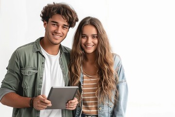 Young couple with tablet computer on white background
