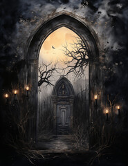 Fototapeta premium Scary gothic doors. Dark halloween night scene. Generative AI.