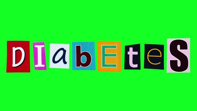 The word diabetes made of letters printed on colorful rectangle pieces of paper crumpling and unwrapping in loop stop motion. Isolated logotype with the title about disease with high blood sugar level