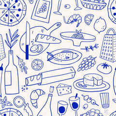Mediterranean Cuisine Seamless Pattern. Hand Drawn Food Background for Menu design.