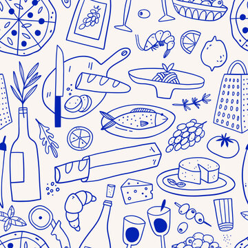 Mediterranean Cuisine Seamless Pattern. Hand Drawn Food Background for Menu design.