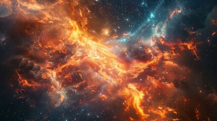 Naklejka premium Fragmented bonfire engulfed in cosmic space, fiery flames merging with galaxies and stars, creating a captivating digital art piece