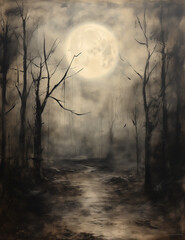 Obraz premium Dark forest on a moonlit night. Spooky halloween forest. Generative AI.