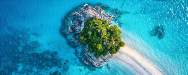 Island with Bright Blue Waters An island surrounded by bright, electric blue waters, so vibrant they almost seem to glow, inviting you to dive in and explore