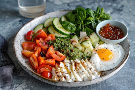 Healthy Breakfast Plate with Vegetables, Cheese and Eggs wit Pesto