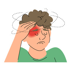 Man suffering from headache vector isolated. Illustration of anxious characters with migraine. Problem with health. Boy feeling dizziness.