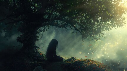 Mental Health Or Depression Concept Featuring a Woman in a Gloomy Woodland Environment.