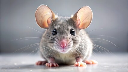 A close-up image of a cute gray mouse with big ears and whiskers, rodent, pet, small, furry, animal, mouse trap, pest, close-up, wildlife