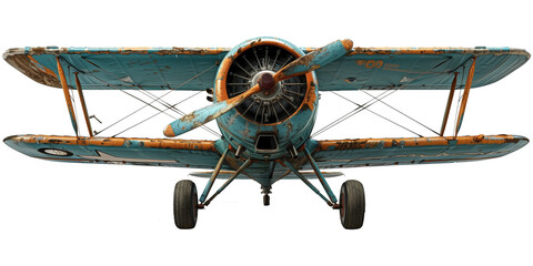 A rustic, old vintage biplane with weathered teal and orange paint, featuring a large propeller and exposed framework.