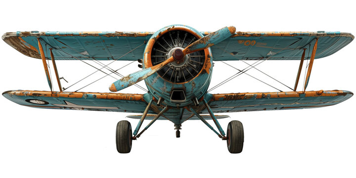 A rustic, old vintage biplane with weathered teal and orange paint, featuring a large propeller and exposed framework.