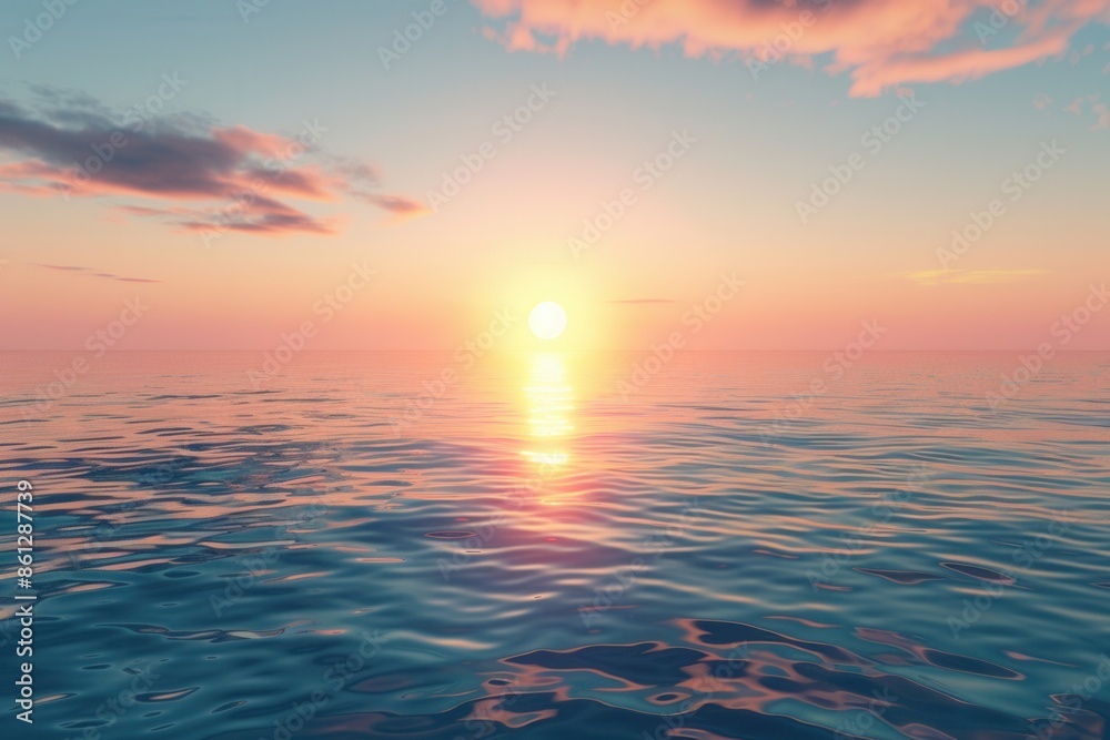 Wall mural A tranquil ocean scene with the sun setting below the horizon, casting warm hues on the water. Generative AI