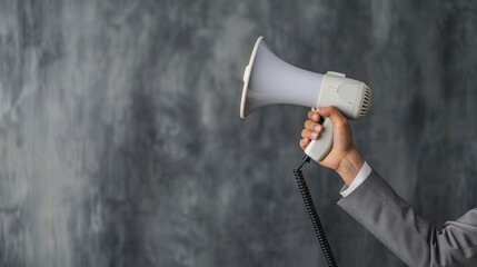Recruitment or job announcement concept with Businessman hand holding megaphone wearing grey suit isolated on grey background copy space for text, 