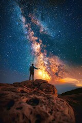Obraz premium a person handheld flashlight on the giant rock in starry night sky. Bright milky way galaxy behind him.