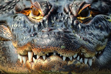 Obraz premium A very large and fat alligator reptile face with teeth showing and eyes. Predator and dangerous mood. Florida native wildlife