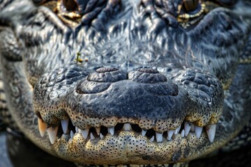 Fototapeta premium A very large and fat alligator reptile face with teeth showing and eyes. Predator and dangerous mood. Florida native wildlife