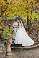 A bride and groom are posing for a picture in front of a tree. The bride is wearing a white dress and the groom is wearing a suit. They are both smiling and hugging each other
