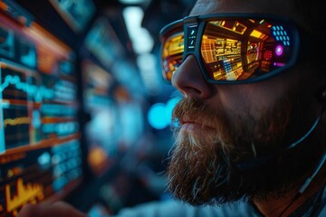 Persons in the photo wearing futuristic eyeglasses and well-groomed beards, interacting with holographic screens displaying real-time data on ecommerce business growth