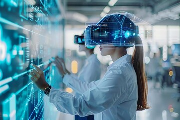 team of AI-assisted holographic digital analysts collaborate on a futuristic data visualization platform in a remote workspace.