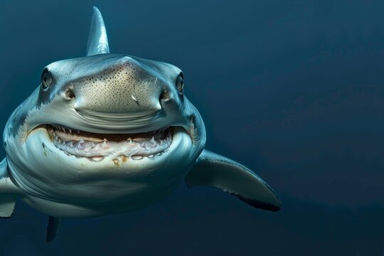 A wide smile from a hammerhead front view with eyes tail and teeth highlighting bizzard and humous anatomy