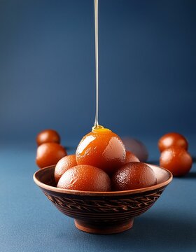 indian sweet gulab jamun with topping syrup in bowl
