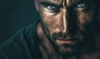 Close-up portrait of a man with a chiseled face and intense expression