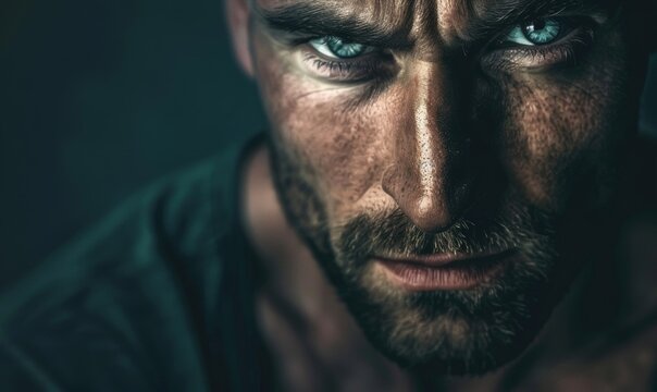 Close-up portrait of a man with a chiseled face and intense expression