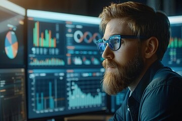 Innovative holographic screens display real-time KPI data for a beautiful analyst in eyeglasses with a well-groomed beard, working on a sleek computer in a futuristic office setting.