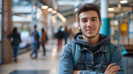 Naklejka premium Young man standing in college hallway