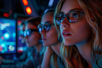 group of beautiful individuals wearing eyeglasses participate in a holographic online business meeting on a futuristic virtual interface at night, utilizing AI and holographic screens