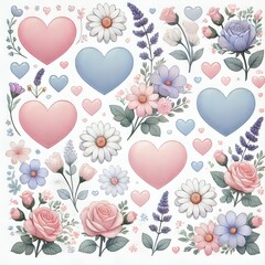 Peaceful love clipart with hearts and flowers. white background. Design Element for Valentine's Day, Birthday, New Year, Christmas Card, Wedding Invitation,Sale Flyer.