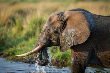 Fototapeta premium African Elephant drinks water with its trunk in Masai Mara.