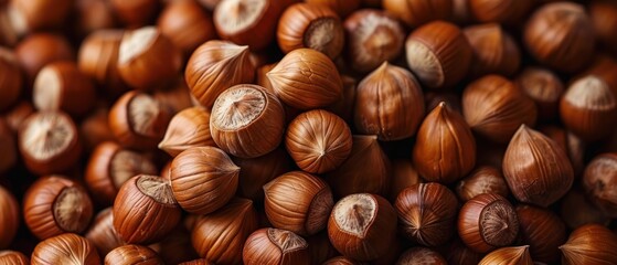 Raw Hazelnuts, a cluster of raw hazelnuts in their shells, their natural brown tones and textures