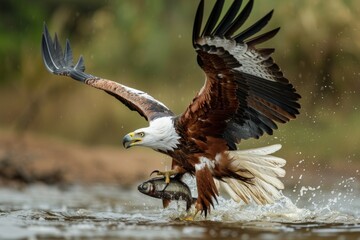 Obraz premium African Fish Eagle flies down to scavange the cat fish caught by the Marabou Storks in Masai Mara.