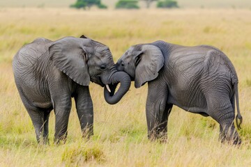 Fototapeta premium African elephants greeting on savanna grass in Masai Mara, Kenya.