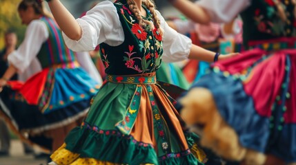 Women in colorful, traditional dresses perform a folk dance, bringing life and joy to an outdoor festival with intricate patterns and lively movements.