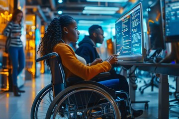 Obraz premium In a futuristic office setting, a diverse group of beautiful individuals including an African American woman software programmer in a wheelchair using a holographic screen to code