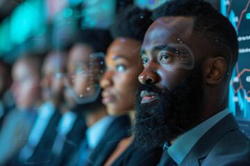 diverse group of beautiful professionals, including a well-groomed bearded man, utilize holographic screens to navigate a futuristic KPI business analytics data dashboard.