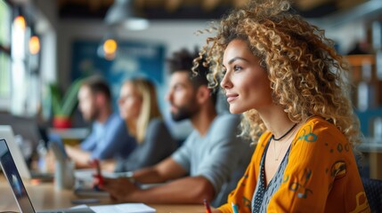 Obraz premium Focused Young Woman in Creative Office. Young woman with curly hair focuses on her work in a vibrant, creative office environment with colleagues in the background.