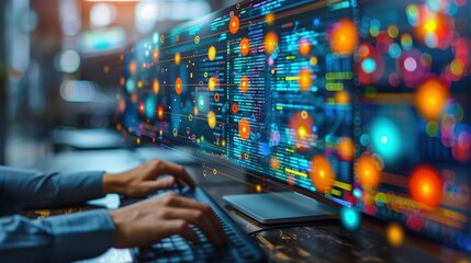 Hands Typing on Keyboard with Digital Data. Close-up of hands typing on a keyboard with colorful digital data and network graphics displayed on multiple monitors in the background.
